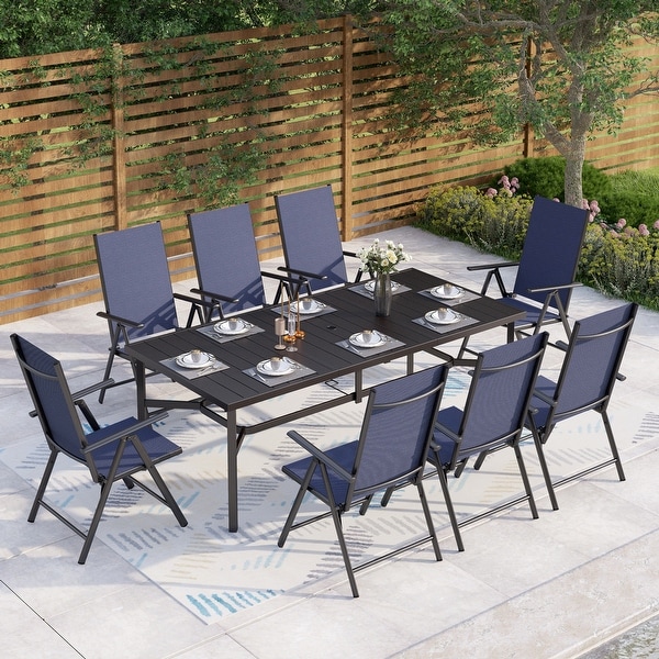 9Piece Patio Dining Set,Metal Table and Foldable Sling Dining Chairs with 7 Levels Adjustable