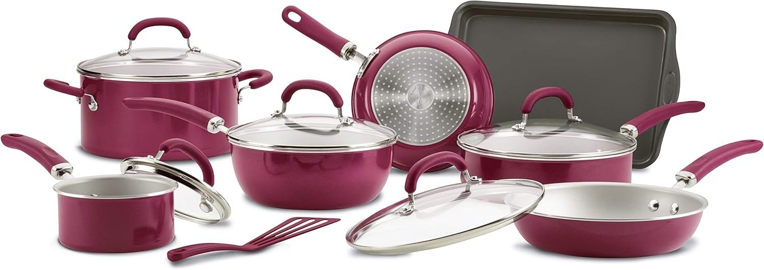 13-Piece Nonstick Cookware Set Induction Compatible Burgundy Shimmer Oven Safe 400°F