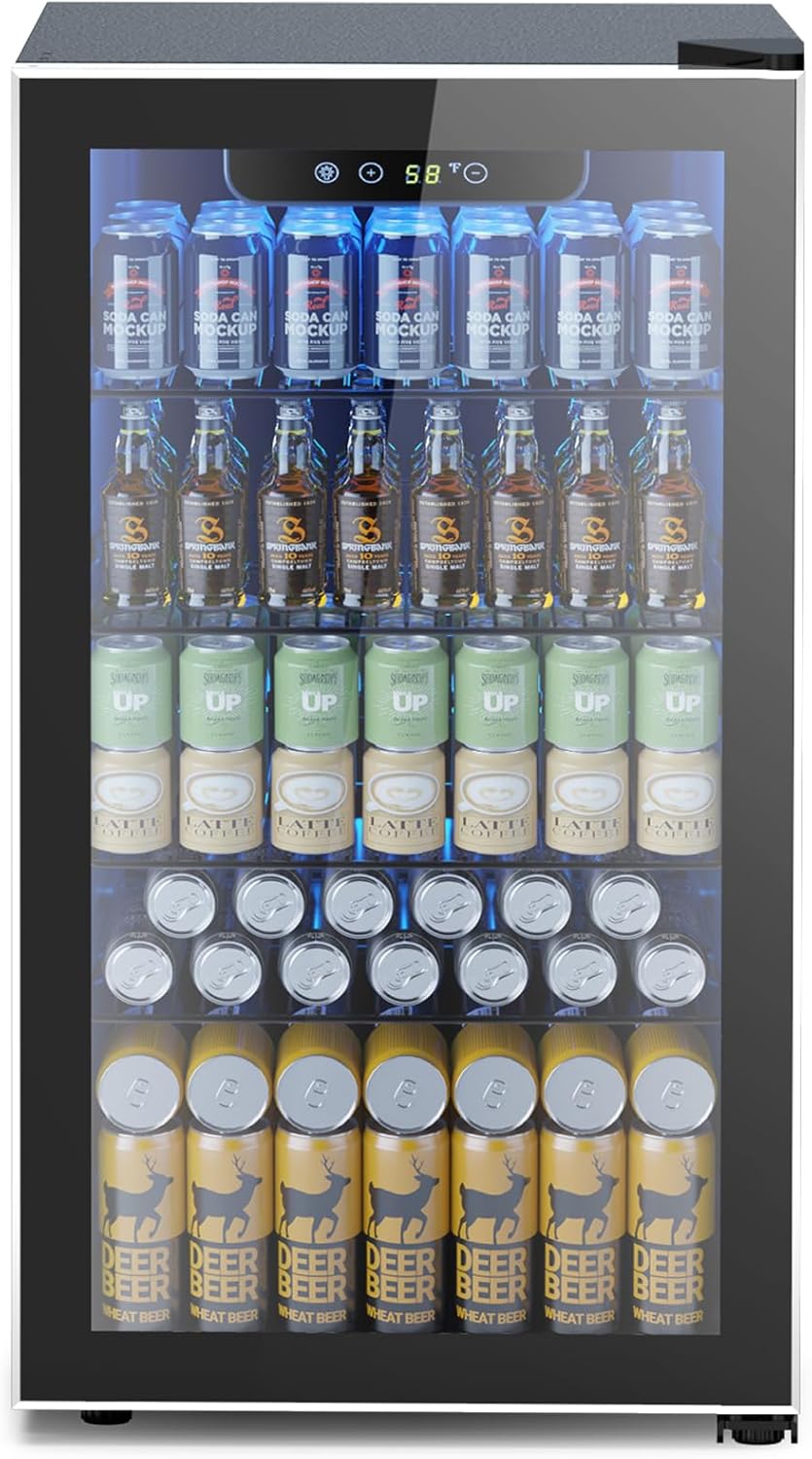 Mini Fridge 130 Can Beverage Refrigerator Cooler, 3.2 Cu.Ft Drink Fridge for Soda Wine Beer, Adjustable Temperature Control for Home Office, Black