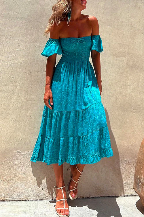 Smocked Off Shoulder Ruffle Midi DressClistos