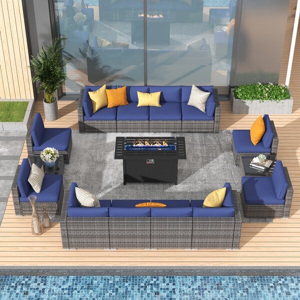 Grey 8Piece Wicker Patio Furniture Set Navy Blue Cushions with Black 45�� 50000 BTU Propane Fire Pit Table