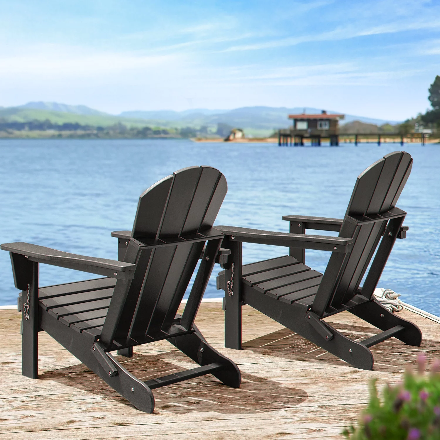 Lacoo Folding Adirondack Chair All Weather Resistant Resin Outdoor Patio Chair, Black