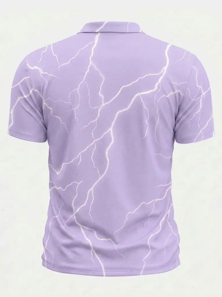 Moisture Wicking Golf Polo 3D Purple Lightning Print Button Short Sleeve Golf Polo Shirt