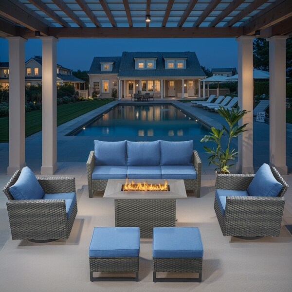 Outdoor Sofa with Swivel Chair Ottomans and Fire Pit Table