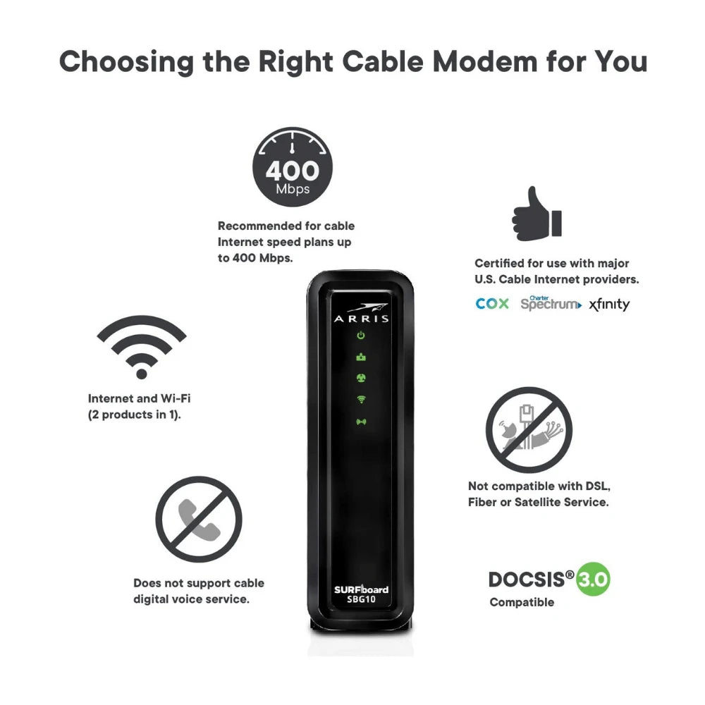 Arris SURFboard SBG10 DOCSIS 3.0 Cable Modem & AC1600 Dual Band Wi-Fi Router