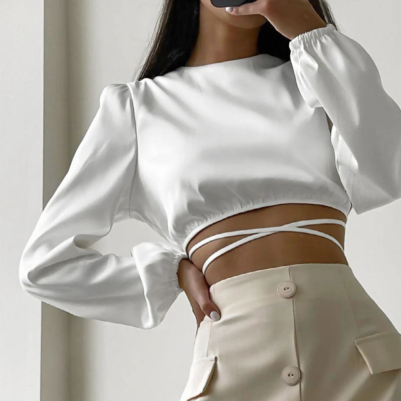 Tie Waist Cropped Long Sleeve TopClistos