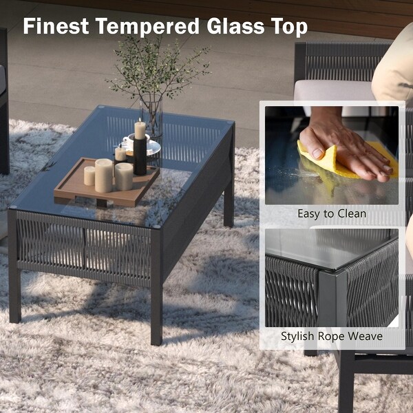4Piece Rope Patio Furniture Set with Tempered Glass Table