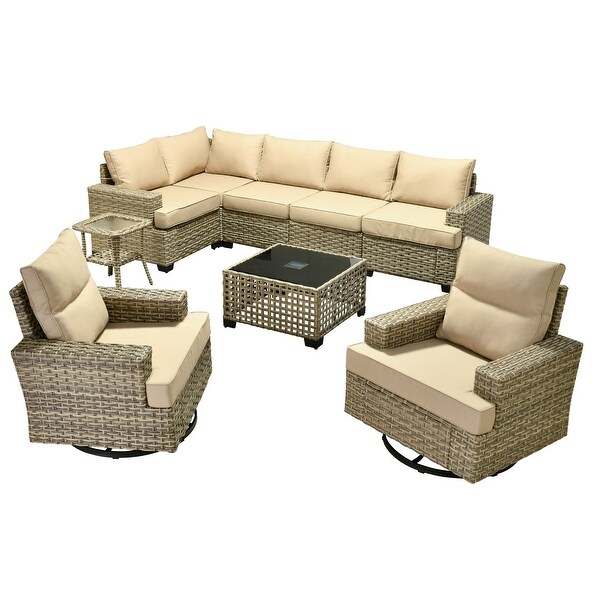 OVIOS 9 Pieces T shaped Seat Wide Armrest Swivel Chair Set With SolarPowered Table