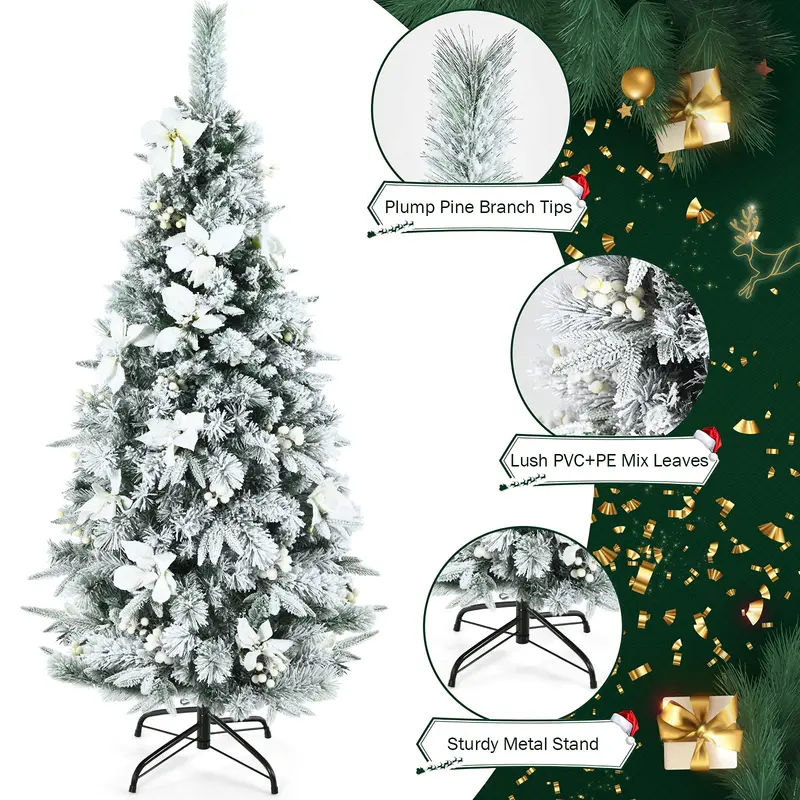 Slim Snow-Flocked Pencil Christmas Tree with White Berries – Hinged Artificial Xmas Tree