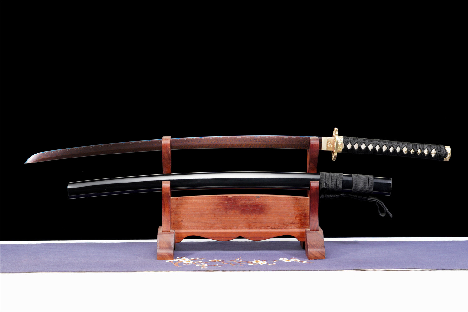 Handmade Katana Damascus Sanmai Blue Blade Phoenix Tail Copper Tsuba Full Tang
