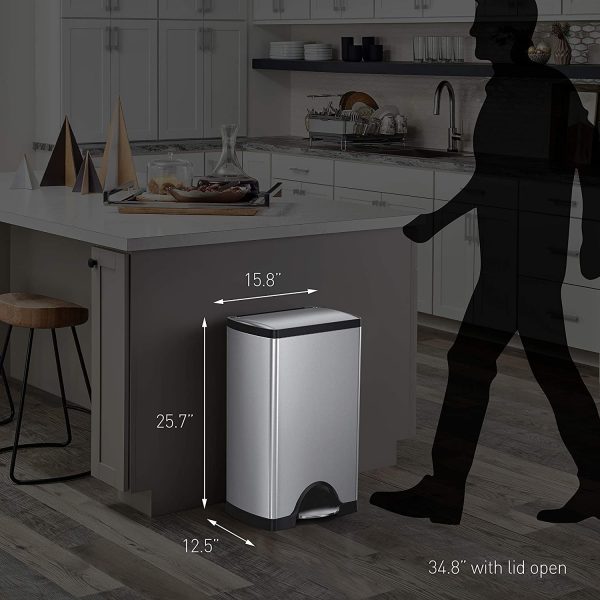 38 Liter / 10 Gallon Rectangular Kitchen Step Trash Can, Brushed Stainless Steel