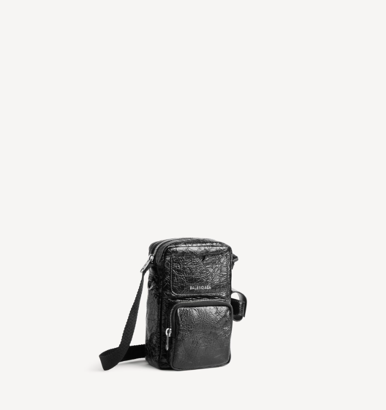 BALENCIAGA MEN'S SUPERBUSY VERTICAL CROSSBODY BAG IN BLACK Superbusy Vertical Crossbody Bag in black Arena lambskin, aged-silver hardware