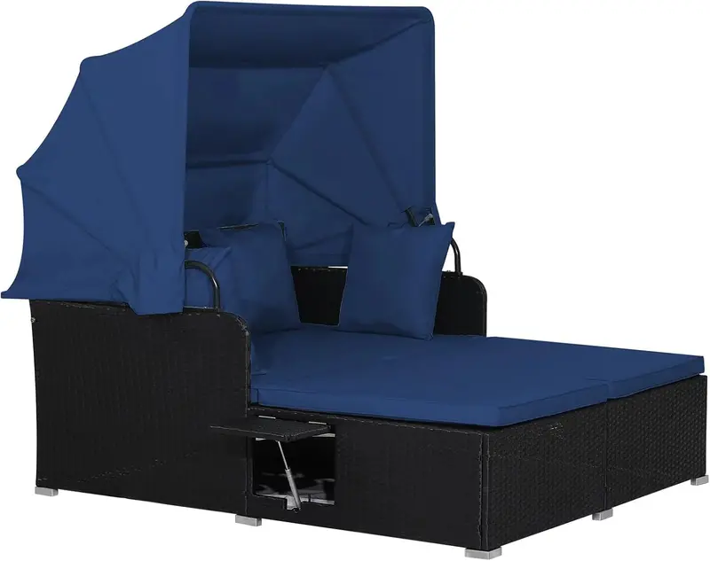 RELAX4LIFE Rattan Outdoor Daybed with Retractable Canopy – 2-Person Wicker Sun Lounger with Cushions, Pillows & Side Trays – Turquoise