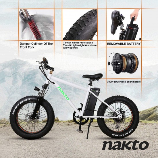 20″ 300W Fat Tire Electric Bicycles Snow Beach Mountain Bike 6 Speed Gear E-Bike with Removable Waterproof Large Capacity 36V10A Lithium Battery and Battery Charger Electric Bike