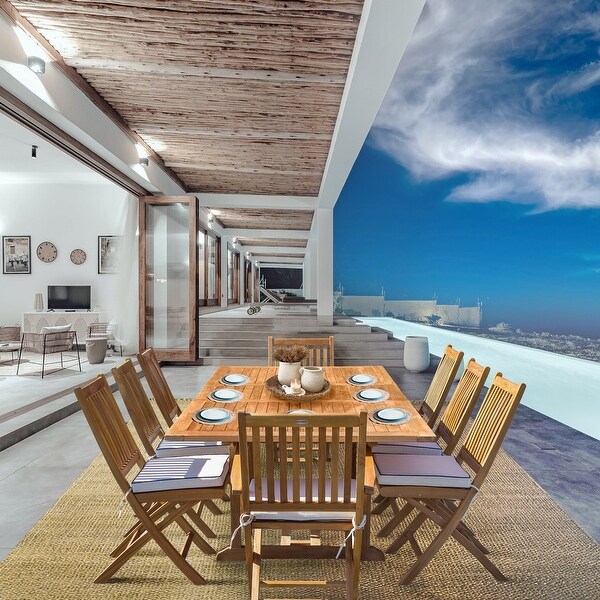 Seven Seas Teak 9 Piece Teak Wood Santa Monica Patio Dining Set,Rectangular Extension Table,8 Folding Arm and Side Chairs
