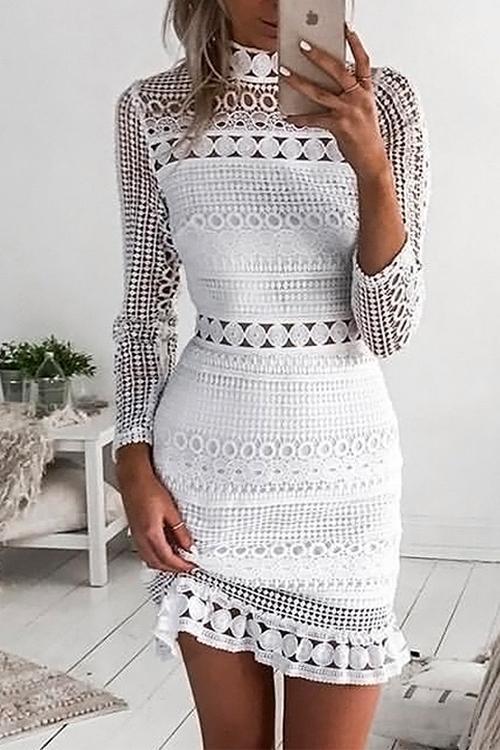 Lace Cutout Bodycon Dress - High Neck Long SleeveClistos