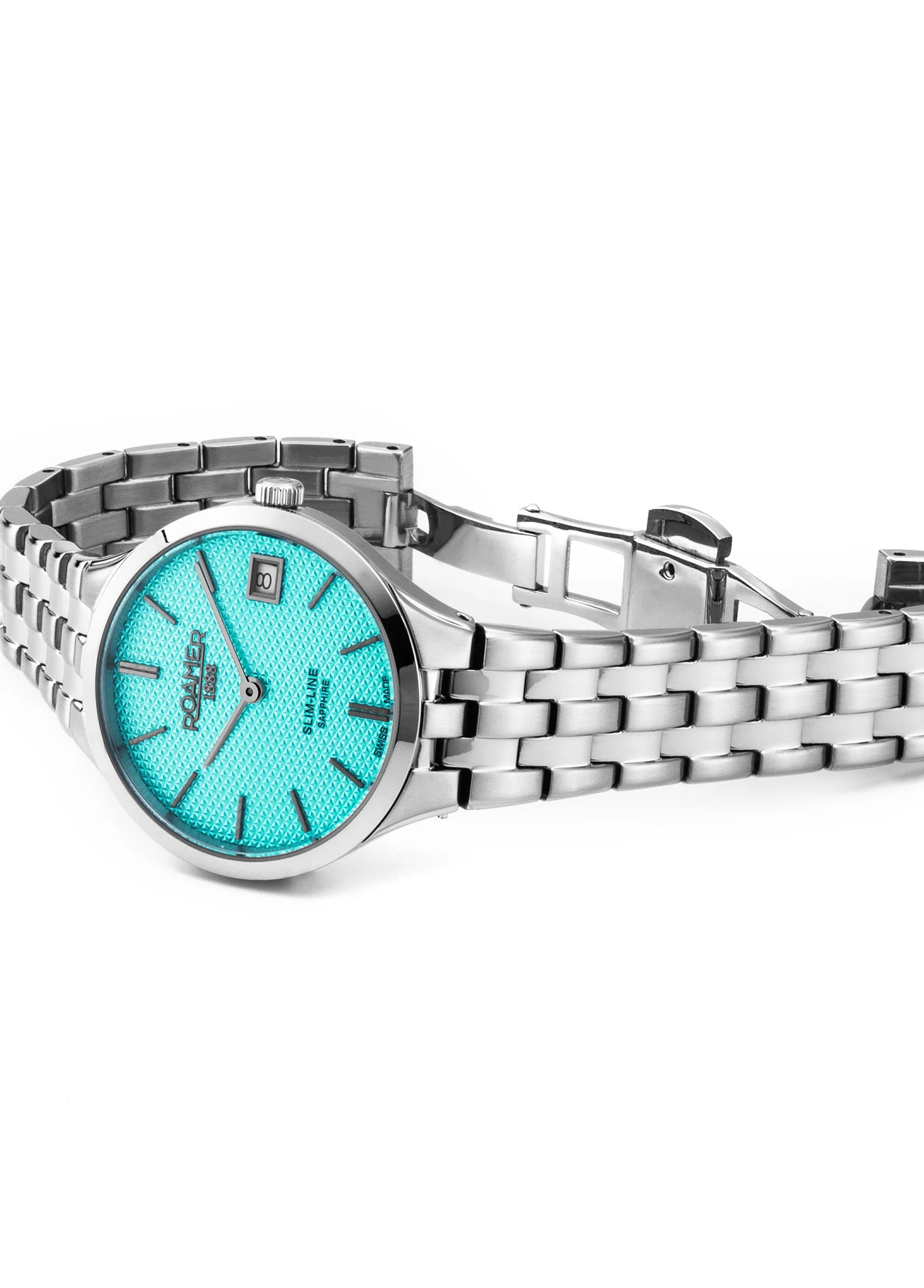 Slim Line Classic Ladies 30mm Quartz Two-Hand Date Sky Blue Dial Silver Bracelet Sapphire glass Stainless Steel swiss watch