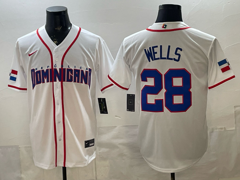 Men's Dominican Republic Baseball Austin Wells #28 White 2026 World Baseball Classic Stadium Jersey
