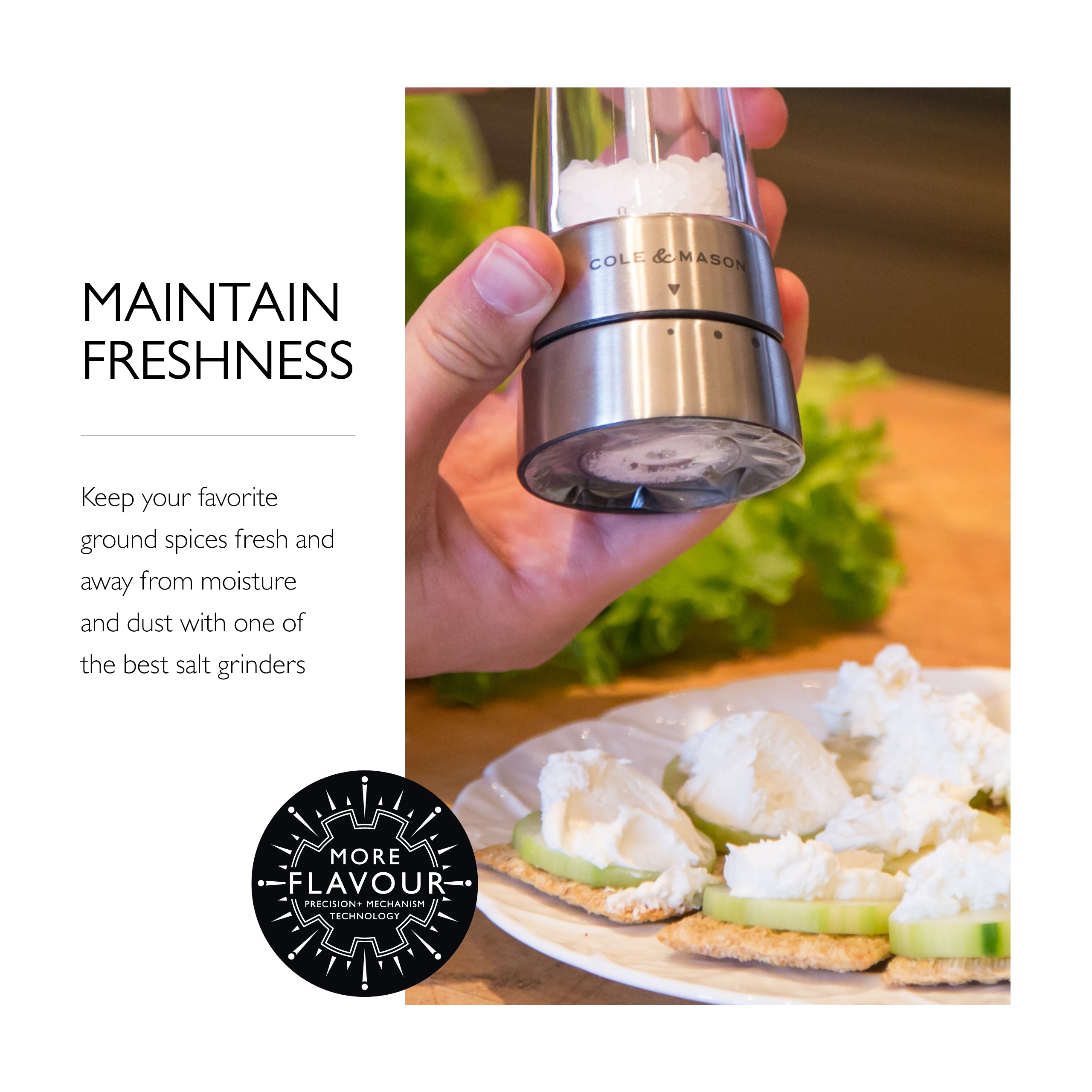 Cole and Mason Derwent Gourmet Salt Mill Grinder, Stainless Steel Silver Includes Gourmet Precision Mechanism and Premium Sea Salt