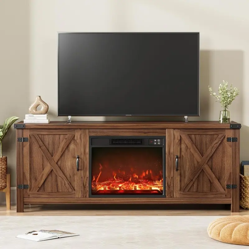 YESHOMY Fireplace TV Stand – 58-Inch Media Console with Barn Doors & Hidden Storage