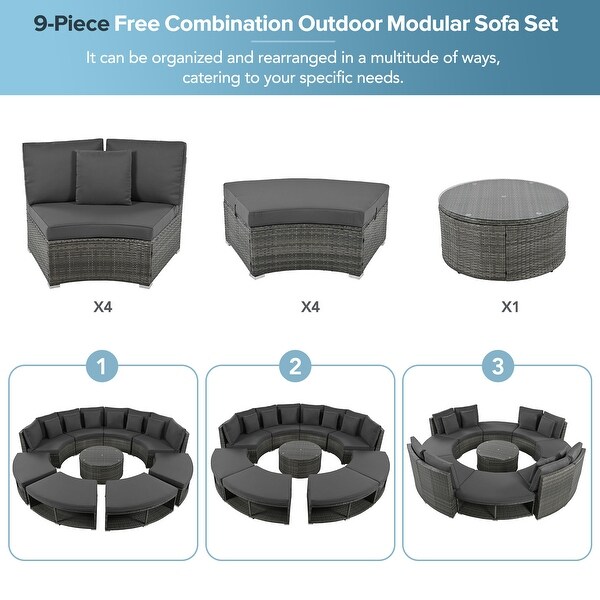 Circular Sectional Spacious Rattan Wicker Patio Furniture Set with Tempered Glass Coffee Table and 6 Pillows