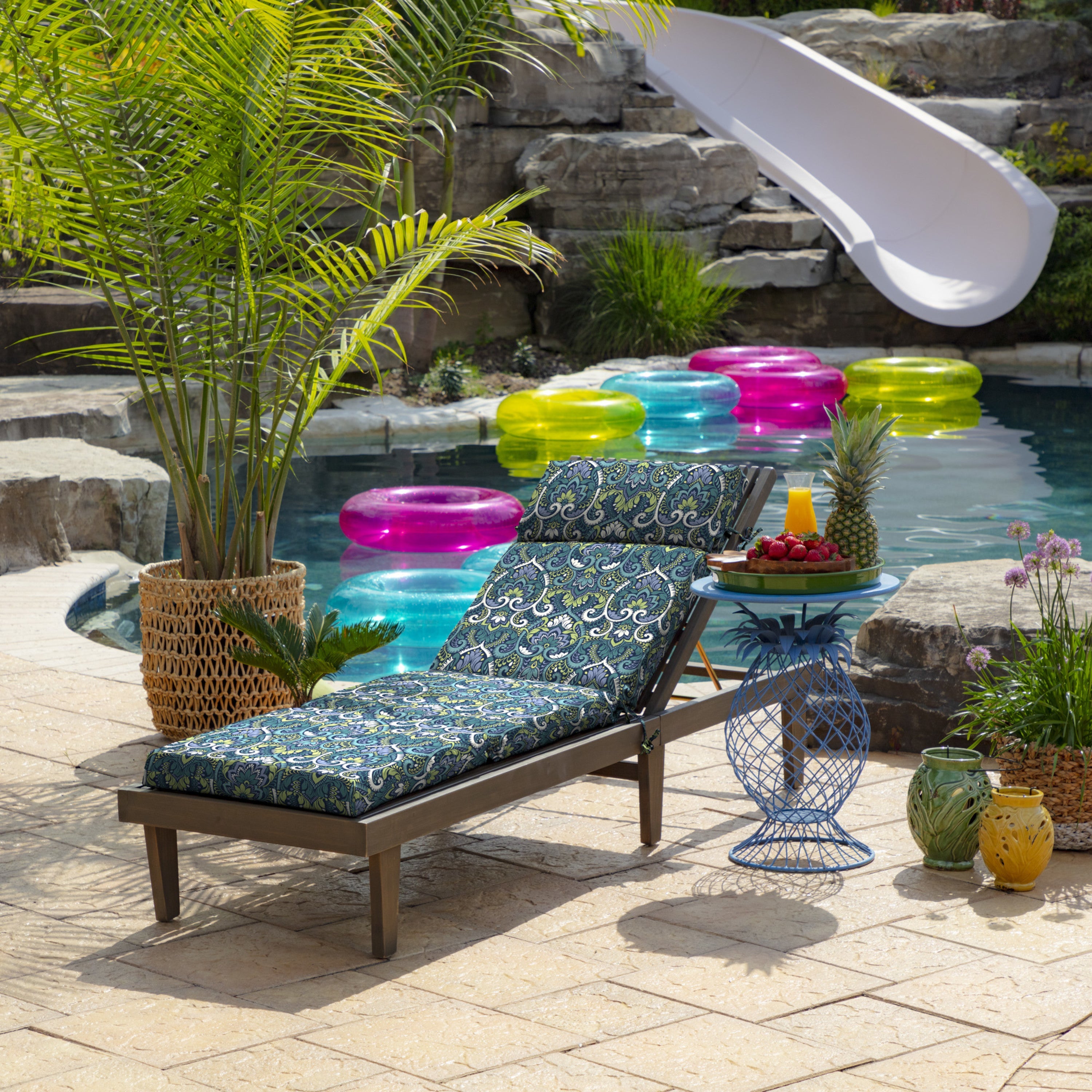 Arden Selections Outdoor Chaise Lounge Cushion 72 x 21, Sapphire Aurora Blue Damask
