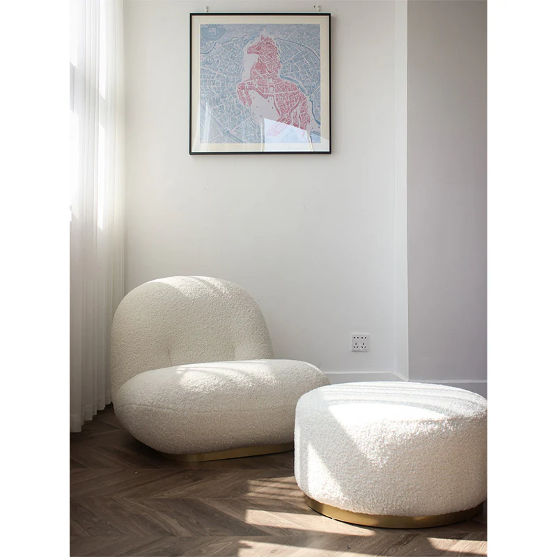 CH013 - Nordic Minimalist Lamb Wool Sofa Living Room Coffee Shop Lazy Single Sofa with Sitting Stool