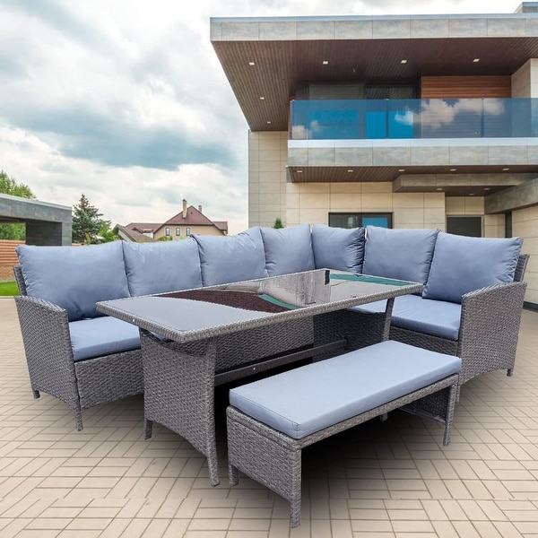 4 Piece Outdoor Patio Rattan Corner Sofa Set,9 Seater PE Rattan Wicker Dining Table Set with Tempered Glass Table