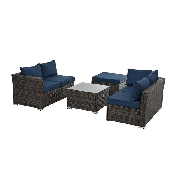 4Piece Patio Conversation Wicker Furniture Set,Sectional Sofa Set with Tempered Glass Coffee Table,Sofa Chair and Ottoman Sets
