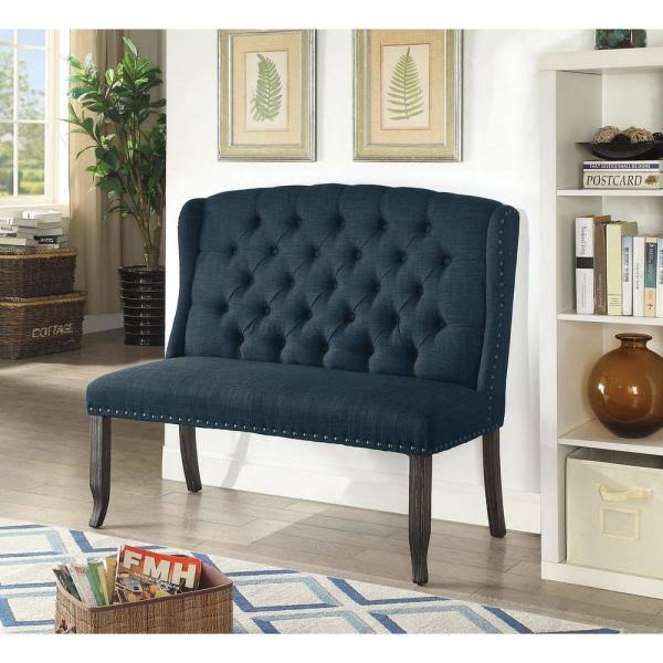 Furniture of America Anthus Blue Nailhead Button Tufted High Back Bench