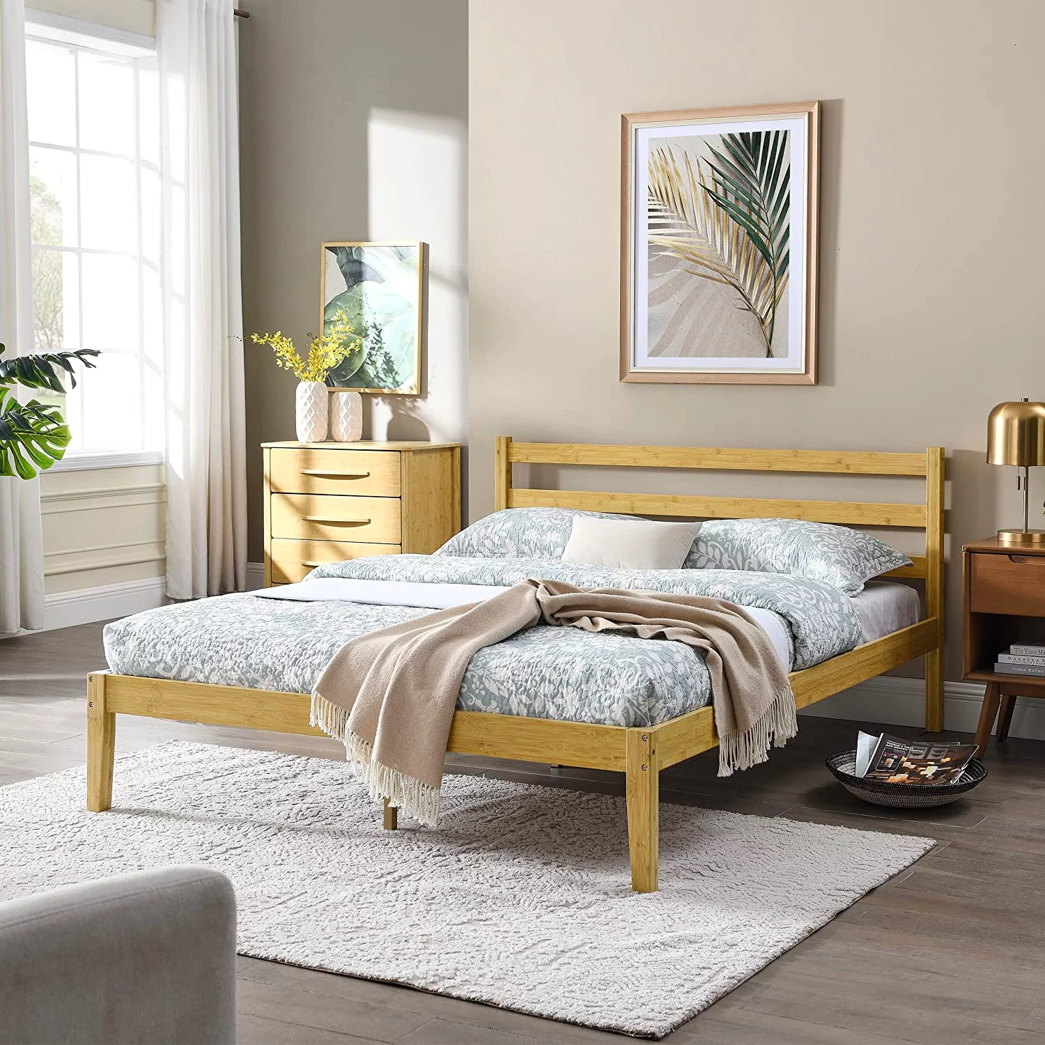 Classic Bamboo Queen Platform Bed Frame With Headboard For Bedroom, Strong Wood Slat Support, No Box Spring Needed, Easy Assembly, Natural (Queen)