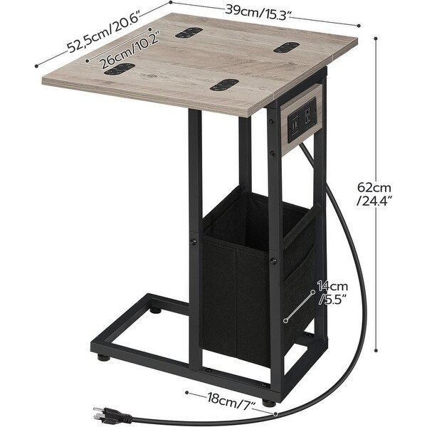 C Shaped Side Table with Charging Station,End Table,Greige and Black