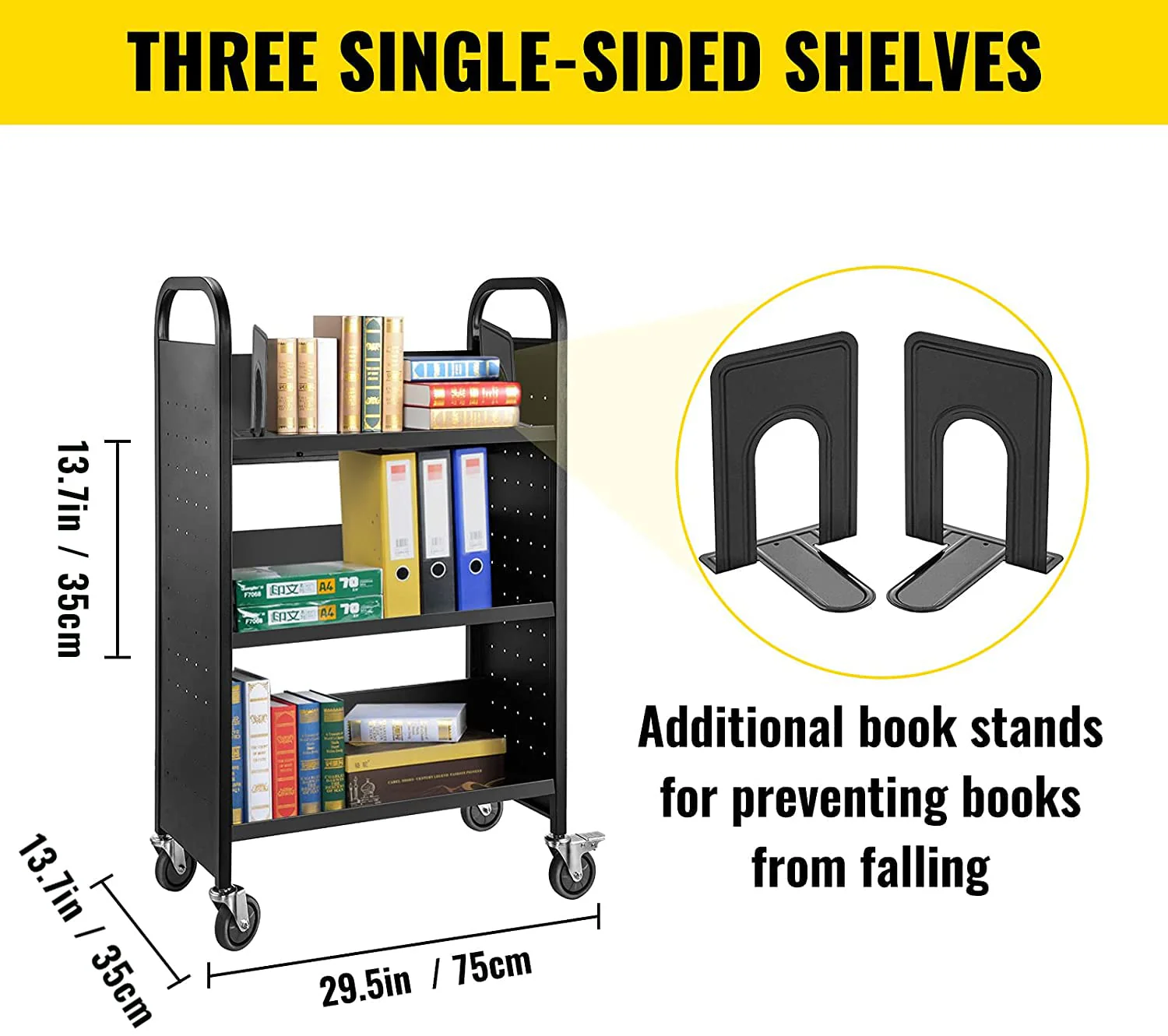 VEVOR Single Sided V-Shaped 30x14x49 Inch Rolling Book Cart