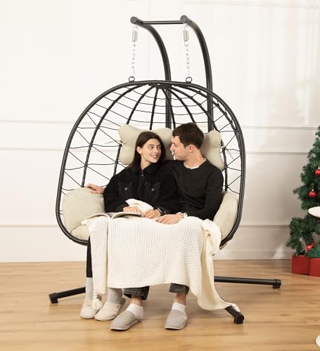 Double Egg Chair wth Stand Hammock Swing Chair Foldable Hanging Loveseat, UV Resistant Removable Cushions, 700LBS Capacity for Bedroom, Balcony, Garden(BK-GR)