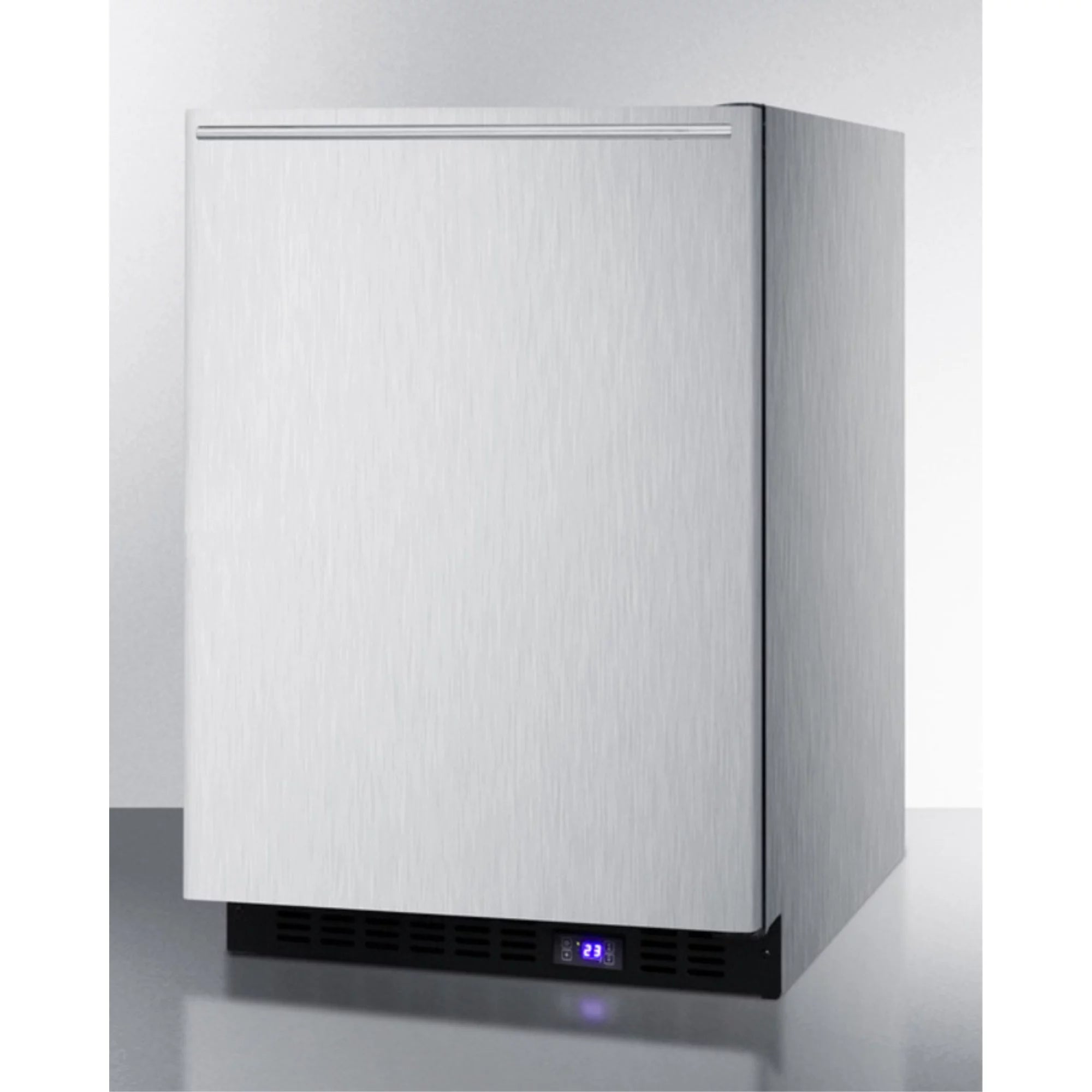Frost-free built-in undercounter all-freezer for residential or commercial use, with stainless steel wrapped exterior and horizontal handle
