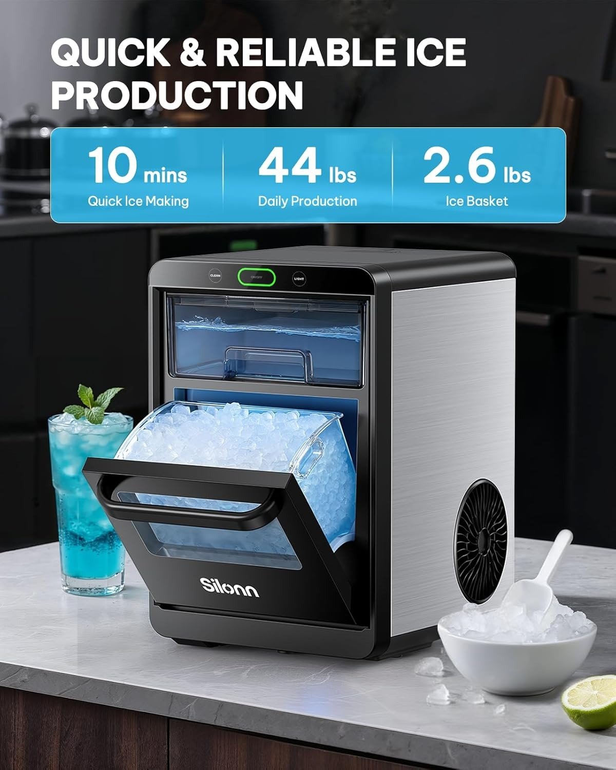 Nugget Ice Maker Countertop – 44lbs/24h Crushed/Pebble Ice Machine, Front Pull-Out Water Tank & Removable Basket, Stainless Steel Finish for Home Kitchen