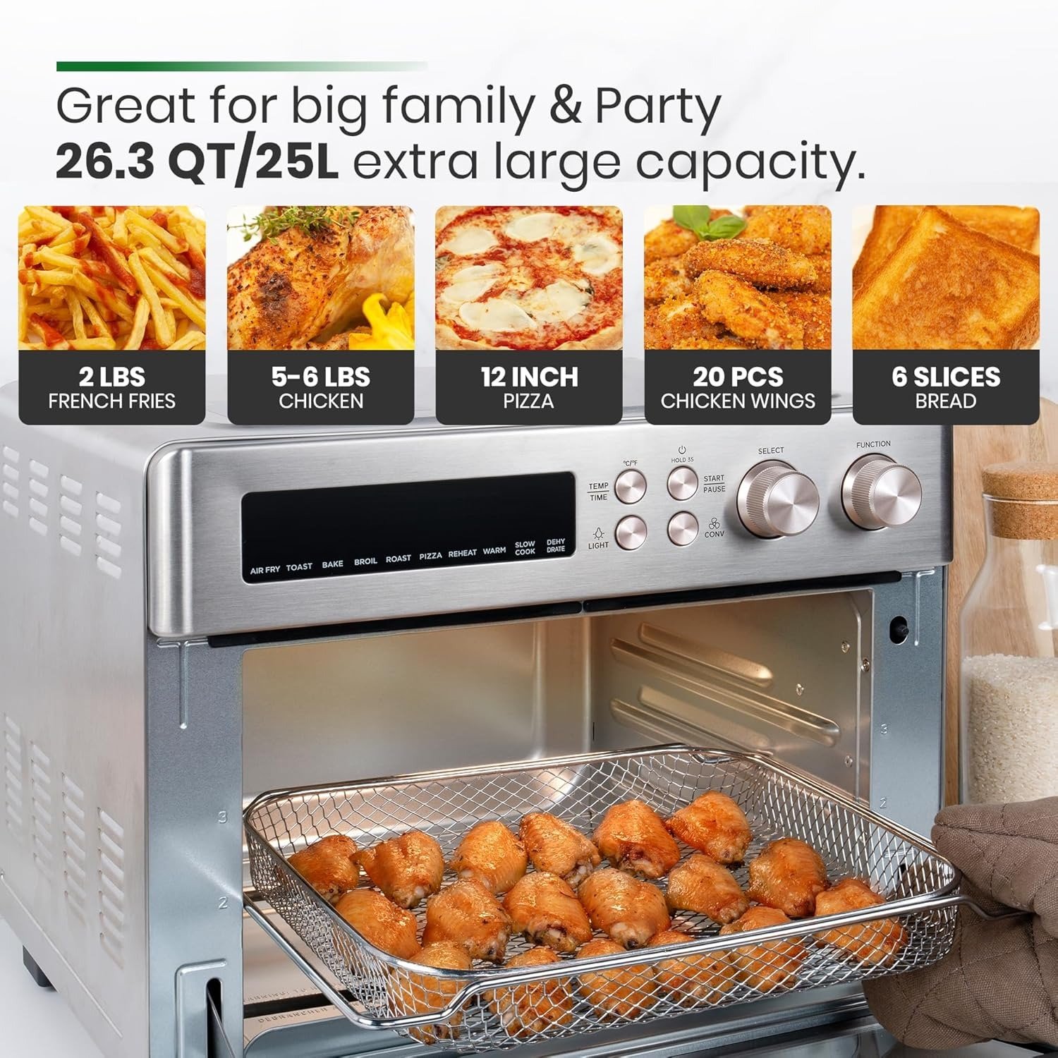 26.3QT 10-in-1 Air Fryer Toaster Oven, Infrared Heating + True Convection, Extra Large Countertop Convection Oven, Brushed Stainless Steel