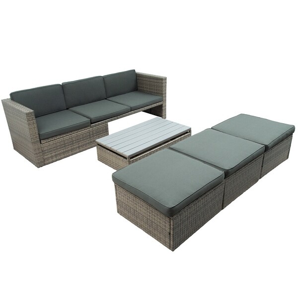 5Piece Patio Wicker Sofa with Adustable Backrest,Cushions,Ottomans and Lift Top Coffee Table