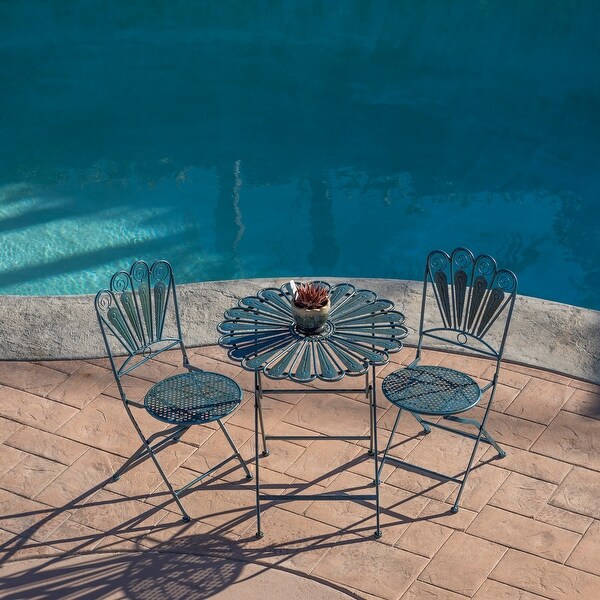 Alpine Corporation Indoor/Outdoor 3Piece Peacock Feather Rustic Metal Bistro Set Patio Seating,Light Blue