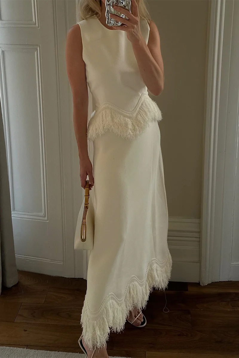 Celebrities Elegant Solid Color Fringed Trim O Neck Sleeveless Two PiecesClistos