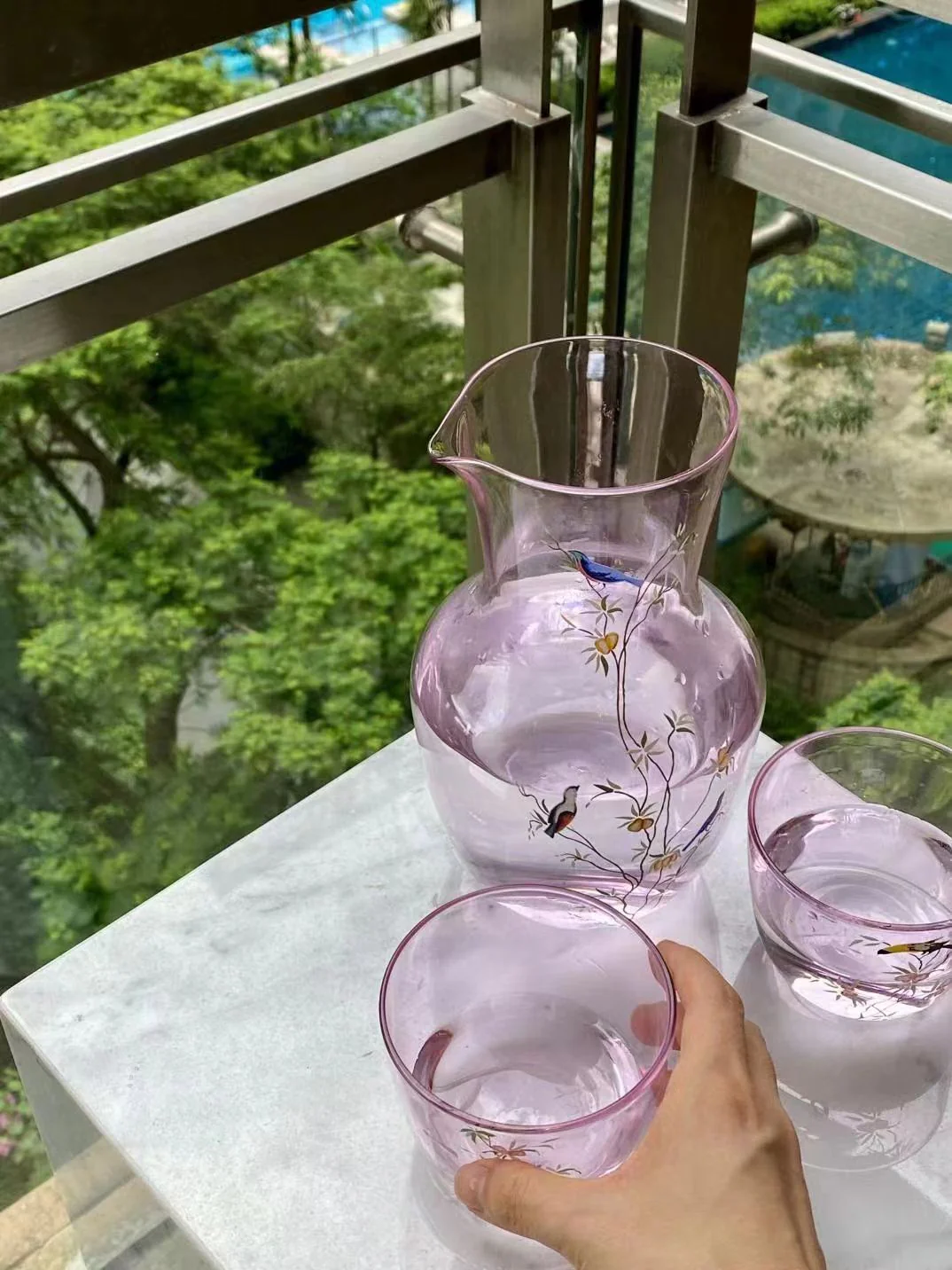 DC154 - Venice Antique Glass/Rare Bird Series Cold Water Jug Juice Jug Wine Decanter Set of 1 Jug and 2 Cups