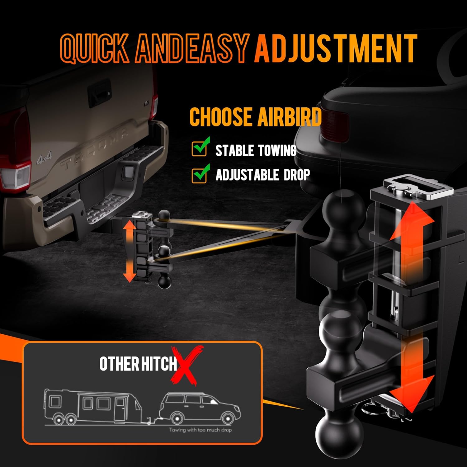 Adjustable Trailer Hitch Fits 2-Inch Receiver, Heavy Duty Tow Hitches (17000 LBS GTW) 6 Inch Drop Truck Hitch Tri-Ball Mount with Hook (1-7/8