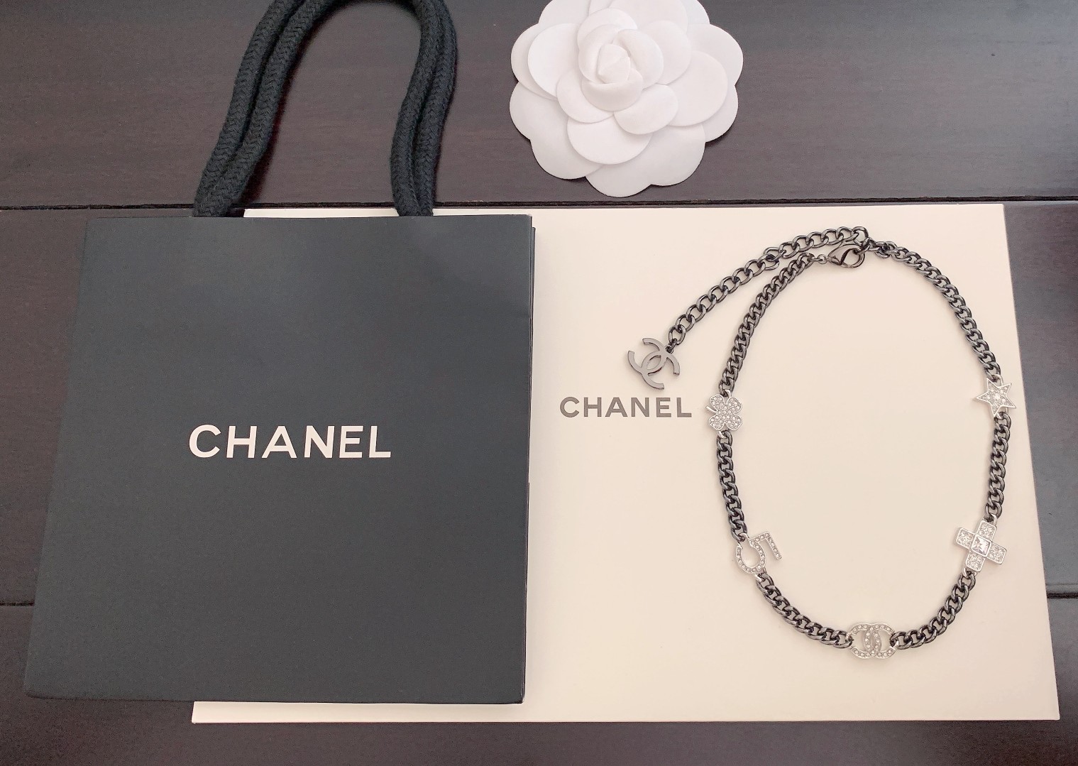 Chanel Ruthenium Crystal Chain Cc Lucky Charms Choker Silver Necklace