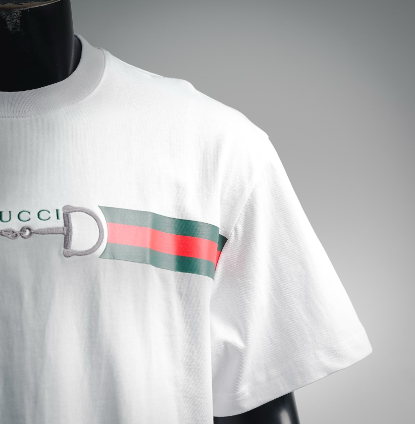 GUCCI Two-color horse collar tie striped short-sleeved T-shirt