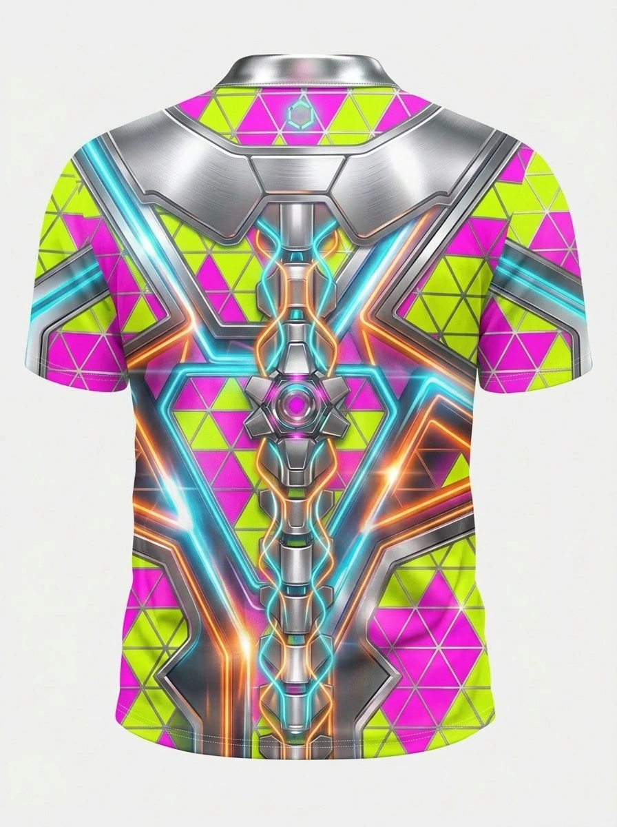 Moisture Wicking Golf Polo 3D Pink Green Geometric Neon Button Short Sleeve Golf Polo Shirt