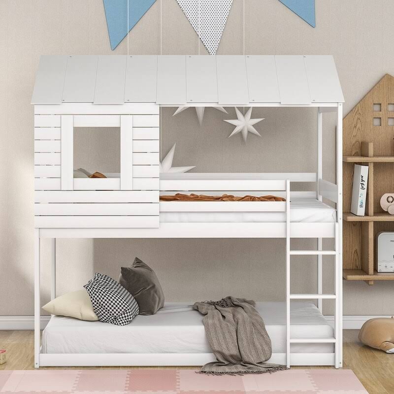 [Pre-Sale]Twin Over Twin Solid Wood Loft Bed,Bunk Bed with Roof,Window,Guardrail and Ladder - Antique White