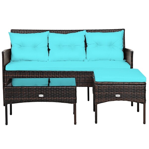 Costway 3PCS Patio Rattan Furniture Set 3Seat Sofa Cushioned Table