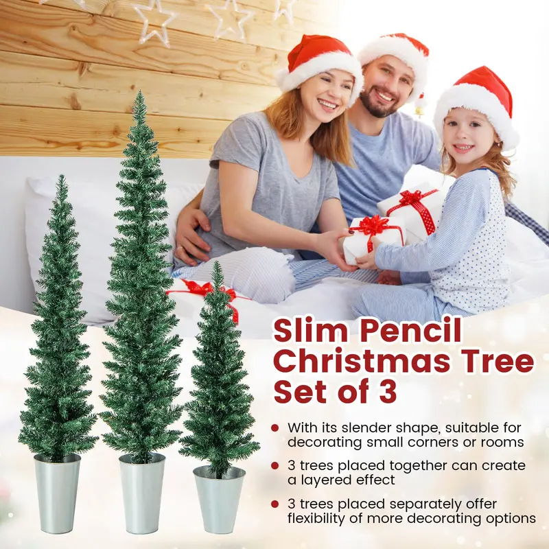 Three-Tier Slim Artificial Christmas Tree Set – 3′, 4′, 5′ Pencil Styles in Metal Buckets