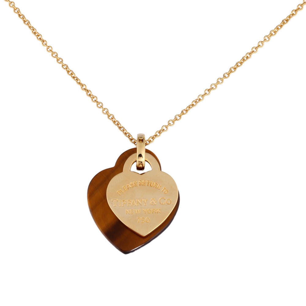 Tiffany & Co. Return To Double Heart Tiger Eye Necklace 18K Yellow Gold