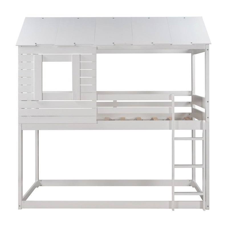 [Pre-Sale]Twin Over Twin Solid Wood Loft Bed,Bunk Bed with Roof,Window,Guardrail and Ladder - Antique White